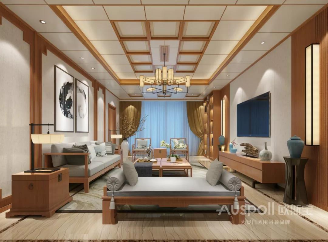 集成吊頂安裝在客廳的效果，新中式風(fēng)格